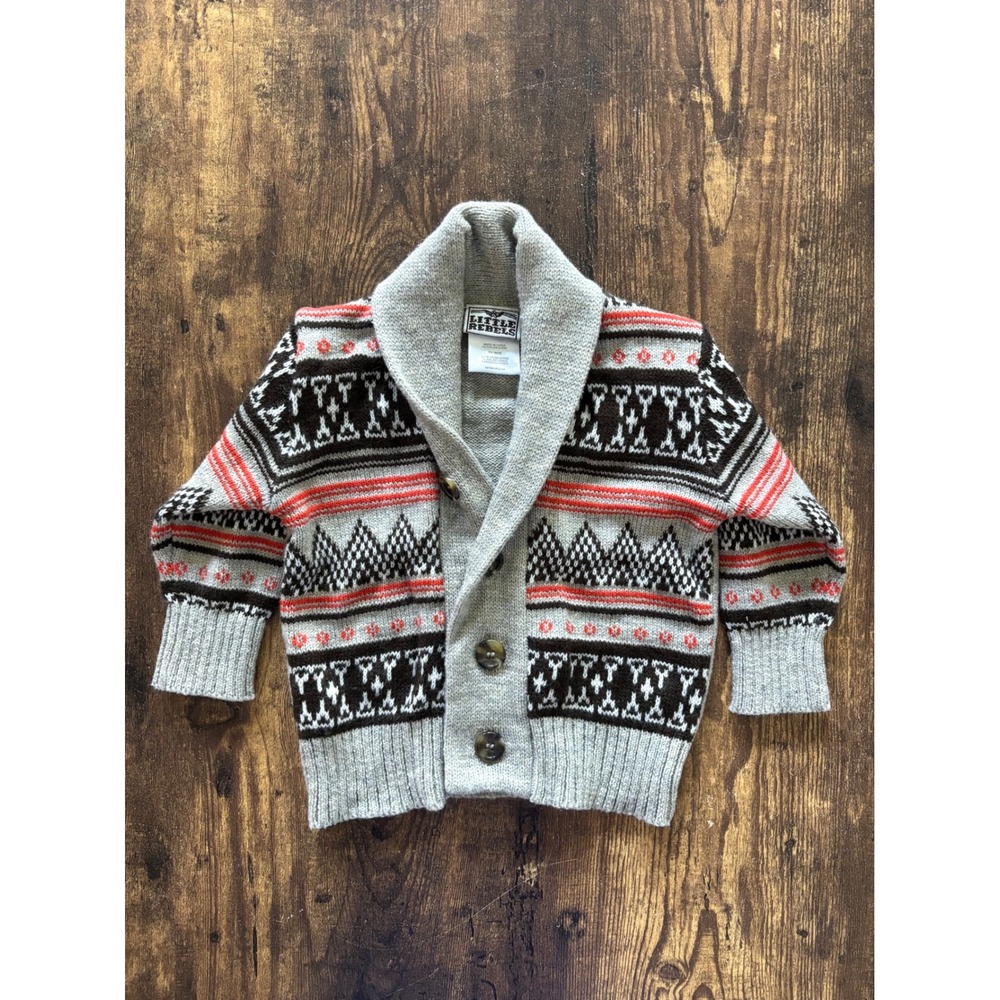 Little Rebels Boys 12M Shawl Collar Fair Isle Cardigan Sweater Grey Orange Black